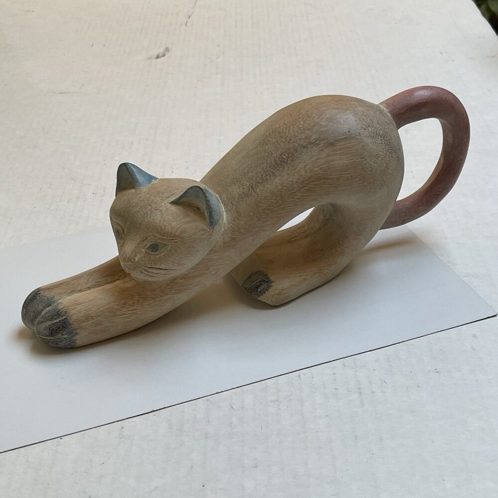 Hand Carved Wooden Stretching Cat Kitten Kitty Home Decor Multicolor Animal